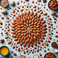 Delicious sweet almonds in wooden bowl on rustic background, roasted almond nut, healthy food