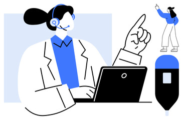 Customer support representative wearing headset, working on laptop, pointing upward. Ideal for customer service, tech support, communication, online learning, guidance, professionalism flat simple