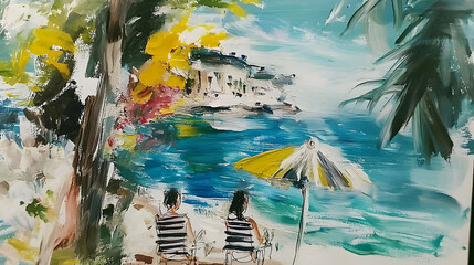 Two People Relaxing by the Sea in a Vibrant Watercolor Painting