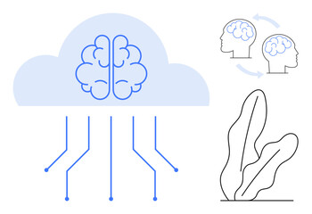 Brain inside a cloud linked to circuits, two collaborating human heads, and abstract plant outlines. Ideal for AI, cloud computing, innovation, mental health, education collaboration futurism. Flat