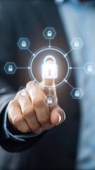 Fototapeta premium Cybersecurity Data Breach Financials concept. A hand touching a digital lock symbol, representing cybersecurity and data protection concepts.