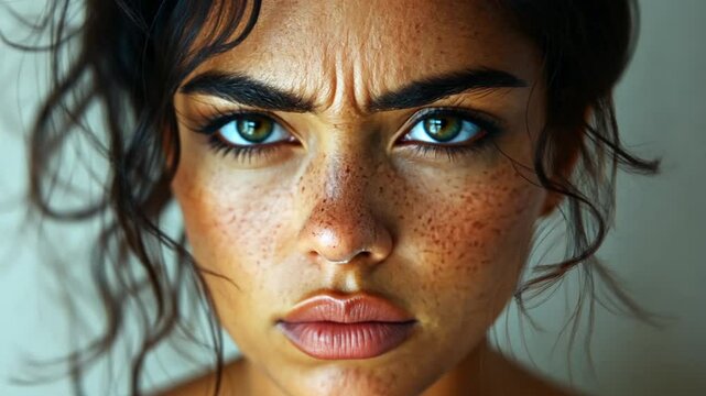 Close-up woman angry expression studio shot