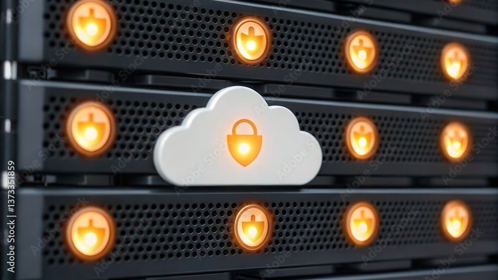 Poster cybersecurity data breach financials concept. cloud security system with illuminated locks on a serv