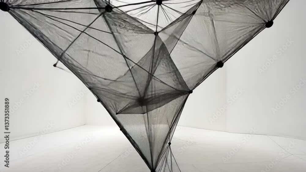Poster striking contemporary abstract sculpture geometric installation of black mesh and intricate design, 