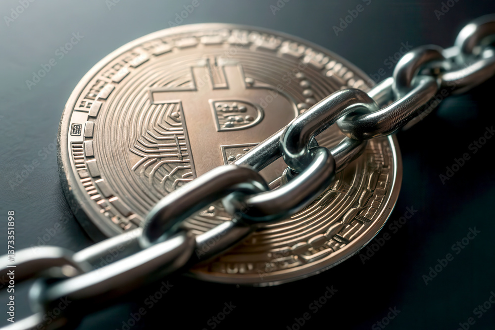 Poster cybersecurity data breach financials concept. digital coin secured by a metallic chain, symbolizing 