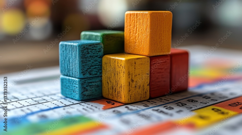 Poster statistical data analysis business data processing toy block steps on many charts and graphs backgro