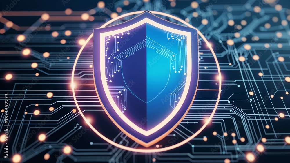 Poster cybersecurity shield with digital network
