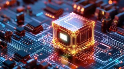 Fototapeta premium Glowing Tech Cube on Circuit Board - Abstract Technology