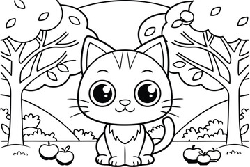 Cartoon Outlined Cat with Apples and Trees Illustration, Transparent Background
