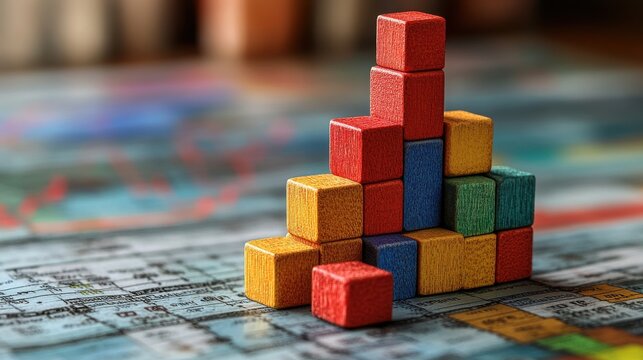 statistical data analysis business data processing toy block steps on many charts and graphs background