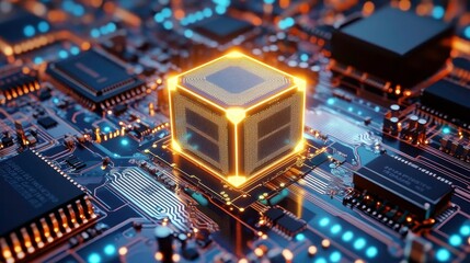 Fototapeta premium Glowing CPU Cube on Circuit Board - AI and Machine Learning