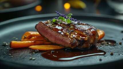 Duck breast with lavender honey glaze, plated with smoked carrot ribbons