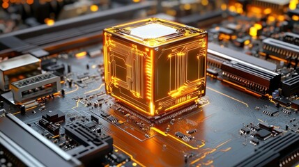 Glowing CPU Cube on Motherboard - Abstract Technology
