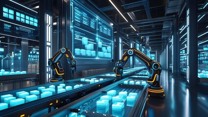 Futuristic High-Tech Retail Warehouse with AI Robotics and Holographic Inventory Management, Generative AI