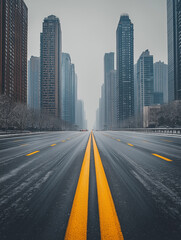 Obraz premium wide road stretches through modern cityscape, flanked by tall skyscrapers under foggy sky. yellow lines on asphalt lead eye into distance, creating sense of depth and perspective