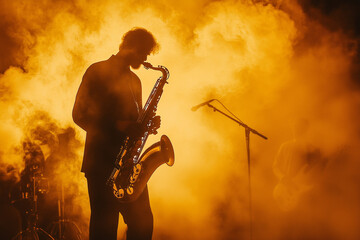 Silhouettes of jazz musicians performing on stage with saxophonist in smoky atmosphere, creating vibrant and energetic ambiance