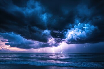 A serene atmosphere is disrupted by impending storm as ominous clouds gather and lightning illuminates sky