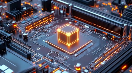 Fototapeta premium Glowing Cube CPU on Motherboard - Abstract Technology