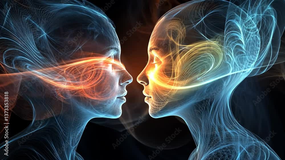 Poster two ethereal figures face each other in an artistic representation of connection and harmony