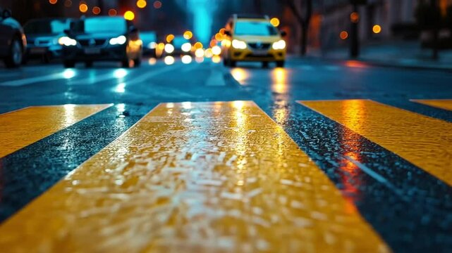 Urban Nightscape: A close-up perspective of a wet road with yellow pedestrian crossing lines, leading the eye towards the blurred lights of cars moving through a vibrant cityscape at night.
