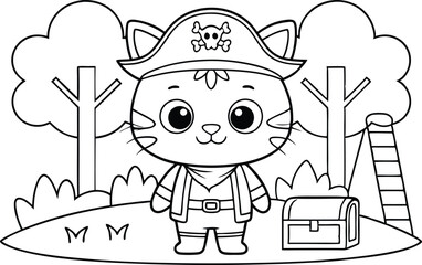 Cartoon Cat Pirate with Treasure Chest and Skull Hat on Transparent Background