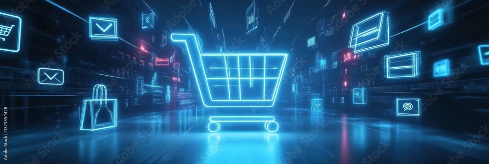Poster Digital transformation in online shopping with futuristic blockchain technology and glowing nodes for seamless transactions