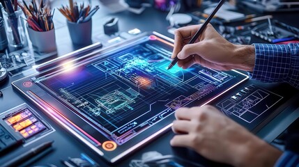 Fototapeta premium Digital Architect Designing Modern Home Blueprint - Digital art and.