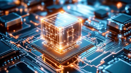 Obraz premium Glowing Quantum Computer Chip Circuit Board - AI & Machine Learning