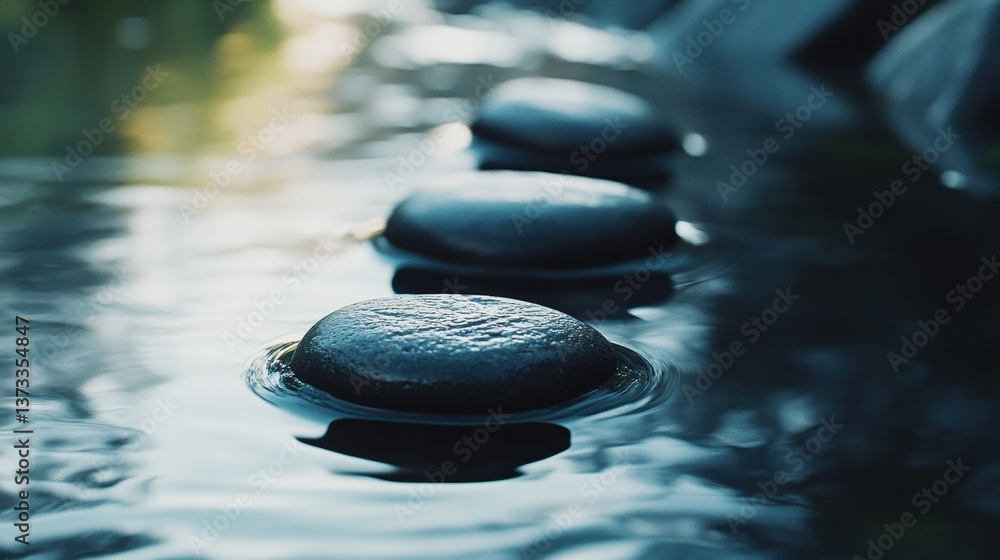 Fototapete smooth black river stones rest on a reflective surface, creating a tranquil minimalist atmosphere wi