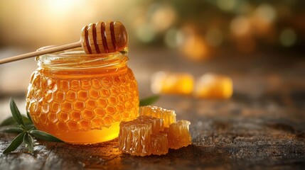 sweet honey with wooden honey dipper in glass jar isolated,cartoon illustration style