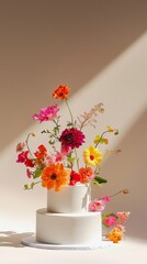 Flower-adorned white cake centerpiece in a soft-lit setting
