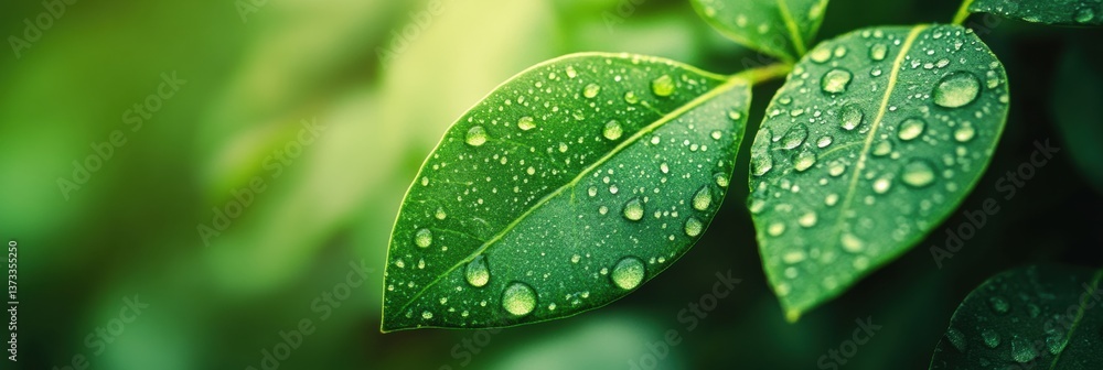 Aufkleber fresh green leaves adorned with dewdrops create a serene atmosphere in a natural setting during earl