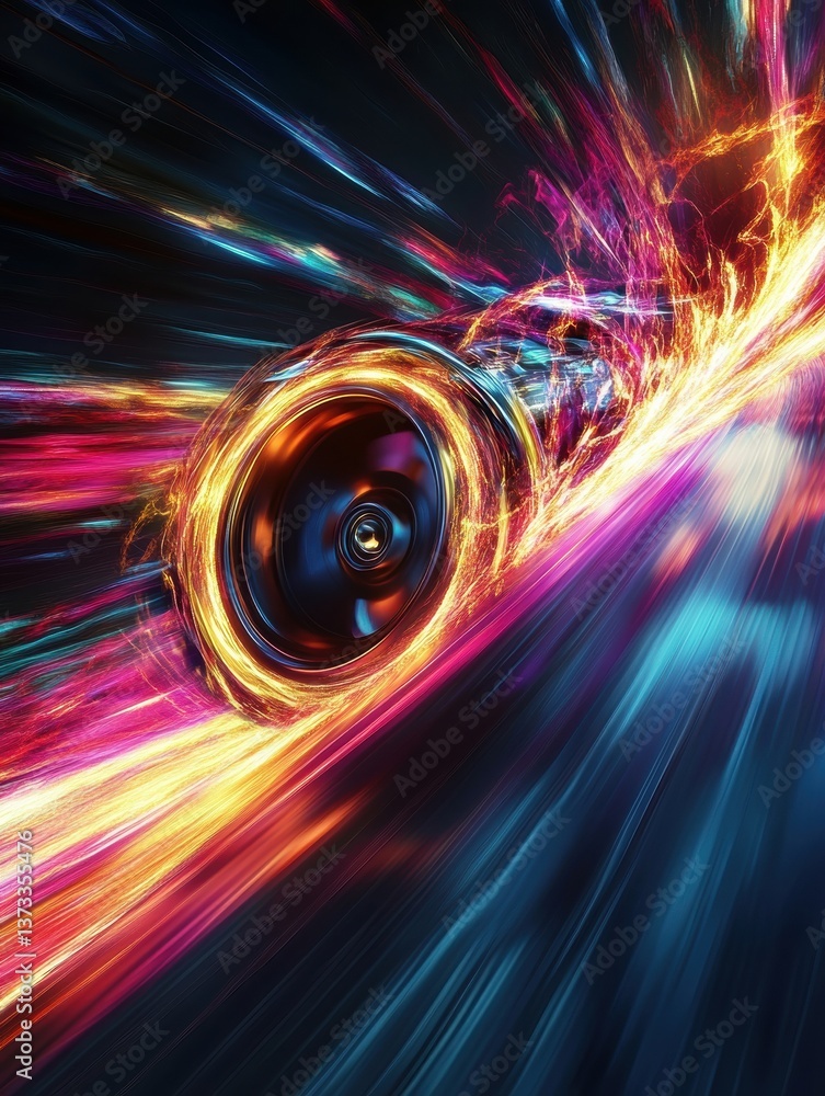 Poster glow of high-speed wheels creating vibrant trails of neon colors in a dynamic abstract background