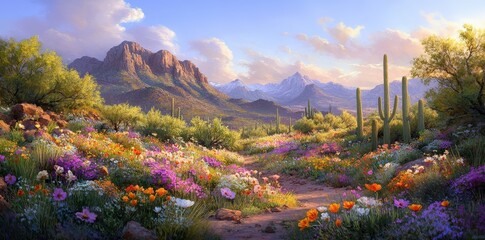 A vibrant desert landscape features colorful wildflowers, cacti, and majestic mountains under a clear sky, showcasing the beauty of nature.