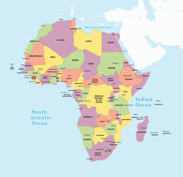 Colored Map of Africa with Country Names and Capital Cities