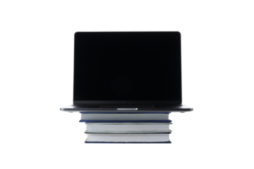 PNG of books with laptop isolated on white background.