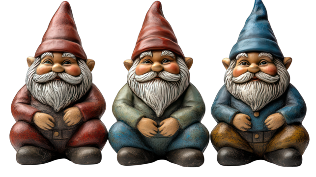 Garden gnomes with cheerful expressions displayed on a white background
