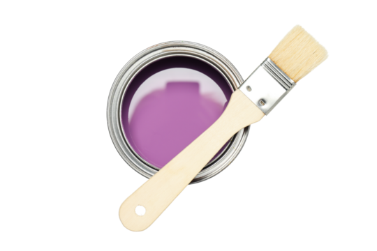 Purple paint can with a brush isolated on white, PNG