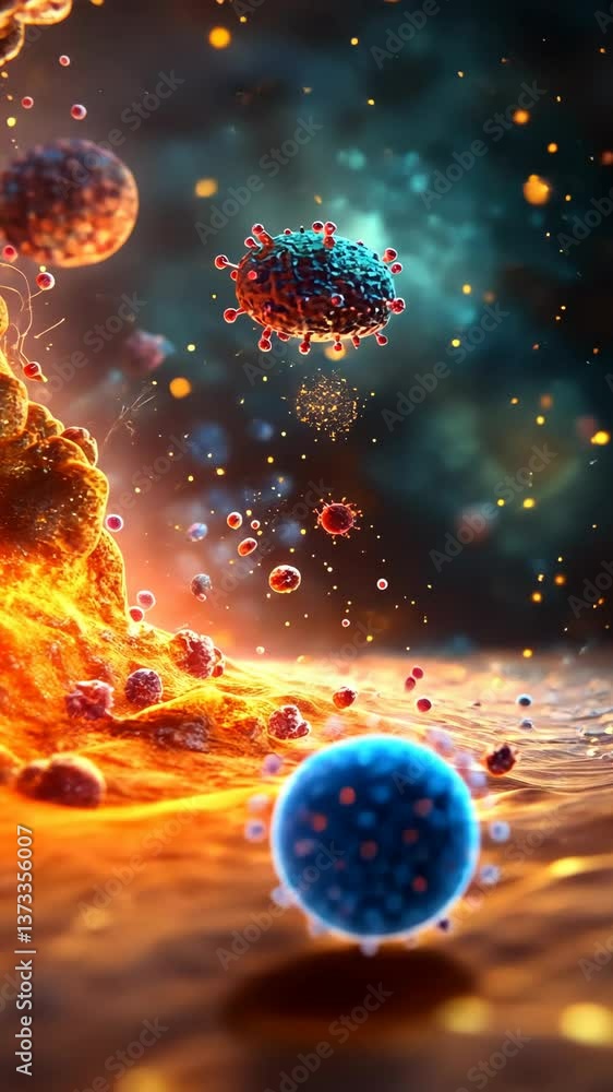 Poster microscopic view of diverse viruses in a fiery, dynamic environment showcasing interactions and move