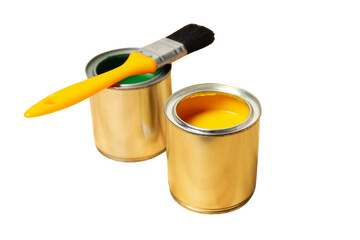 Yellow and green paint cans with a brush isolated on white, PNG