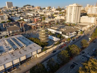 Aerial view of the Peace Pagoda in Japantown, San Francisco, USA. The pagoda is a symbol of peace...