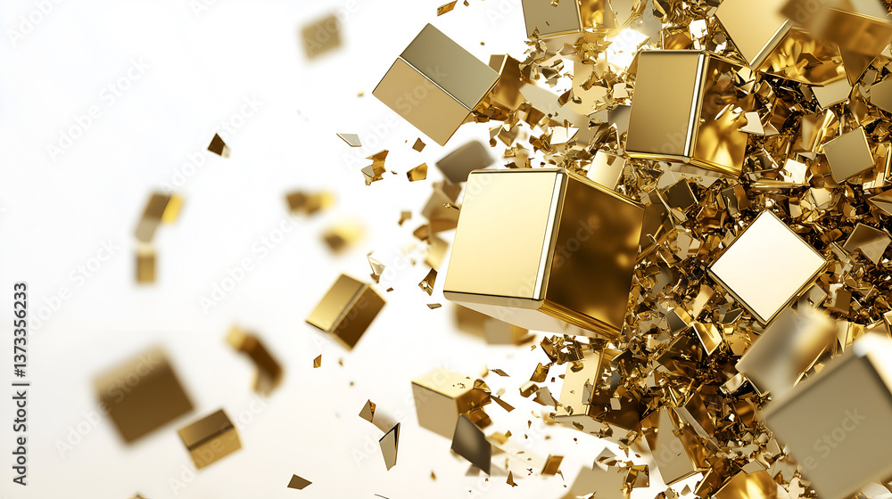 Aufkleber gold cubes and shards flying, capturing the dynamic and visually stunning effects of fragmentation a