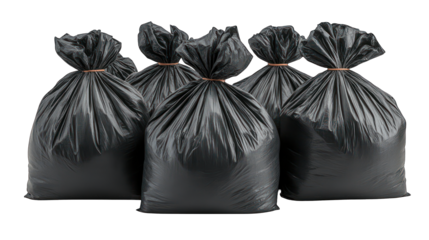 Garbage bag pile with various sizes displayed on a white background