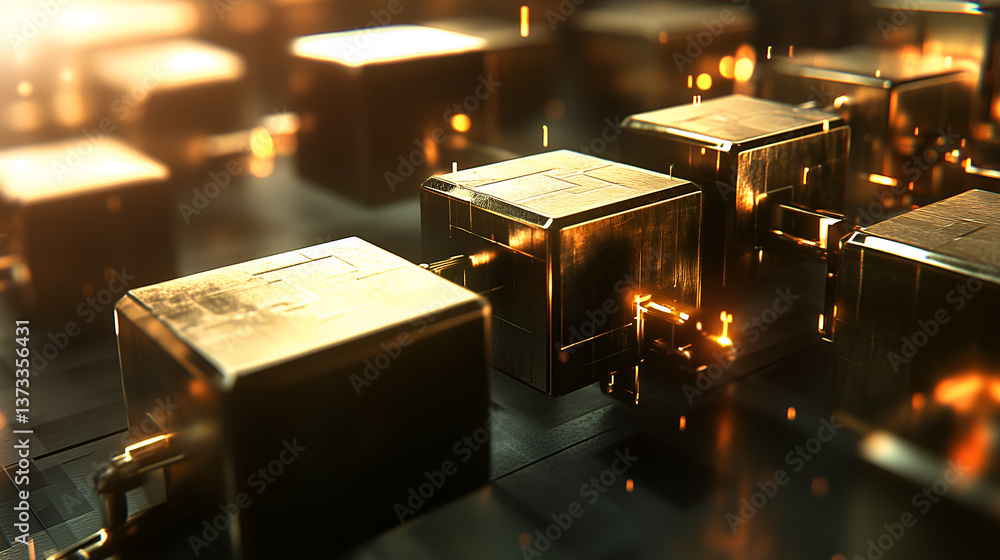 Poster golden cubes arranged in a grid pattern, with a technological feel. the cubes have a metallic textur