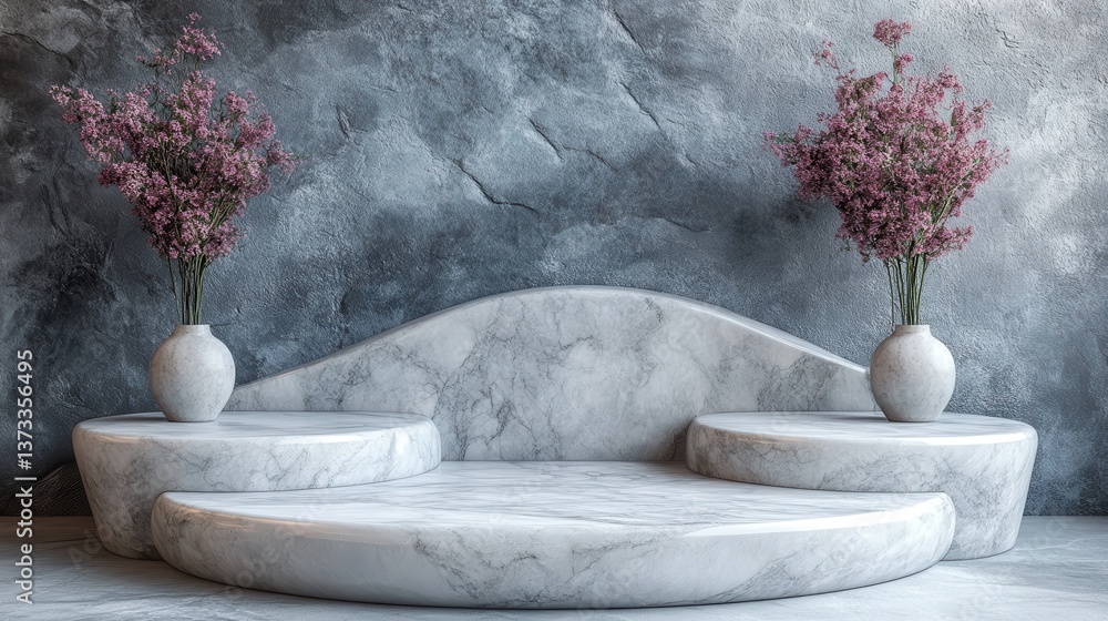 Poster three step of white marble product display on gray background with modern backdrops studio empty ped