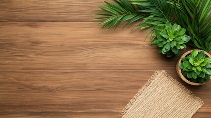 Natural greenery on wooden surface with decorative mat