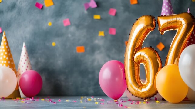 Bright balloons and vibrant decorations create a lively atmosphere for a 67th birthday celebration, showcasing joy and festivity