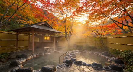 Onsen concept, outdoor hot spring bath, Japanese autumn scenery, traditional ryokan, relaxing spa, travel destination, nature retreat, cultural experience, serene landscape