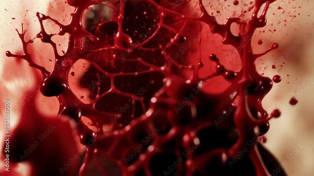 Poster red liquid splashes against a surface creating intricate patterns during an art experiment in a stud