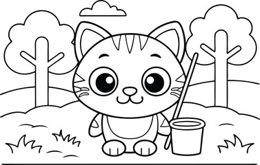 Adorable Outline Cat Cartoon Character with Bucket in the Woods Line Art